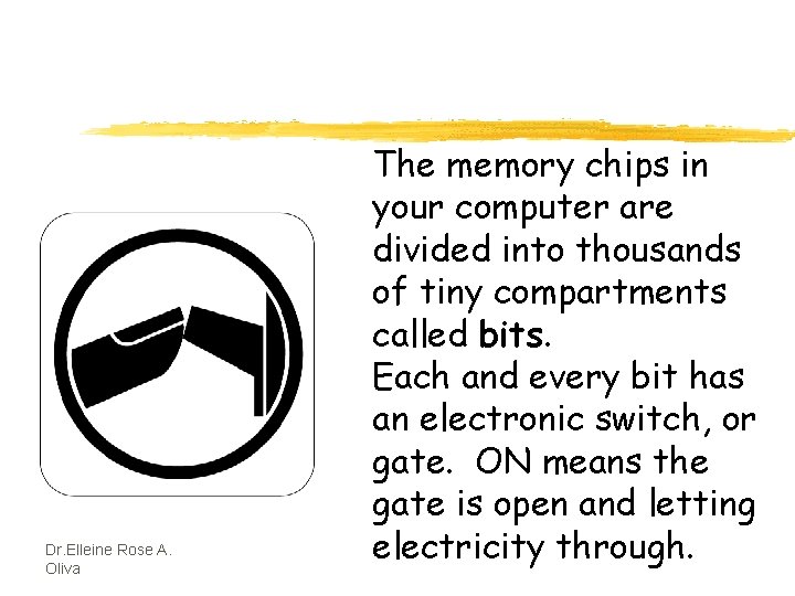 Dr. Elleine Rose A. Oliva The memory chips in your computer are divided into