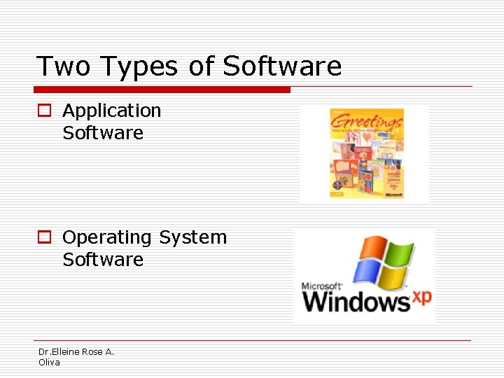 Two Types of Software o Application Software o Operating System Software Dr. Elleine Rose