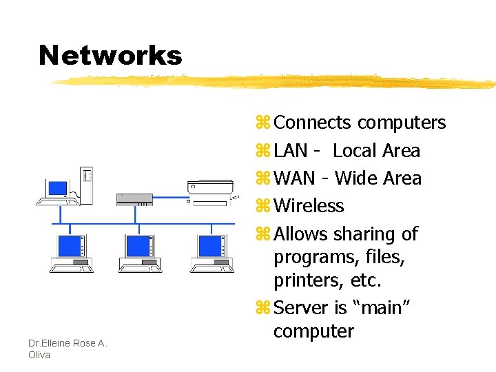 Networks Dr. Elleine Rose A. Oliva z Connects computers z LAN - Local Area