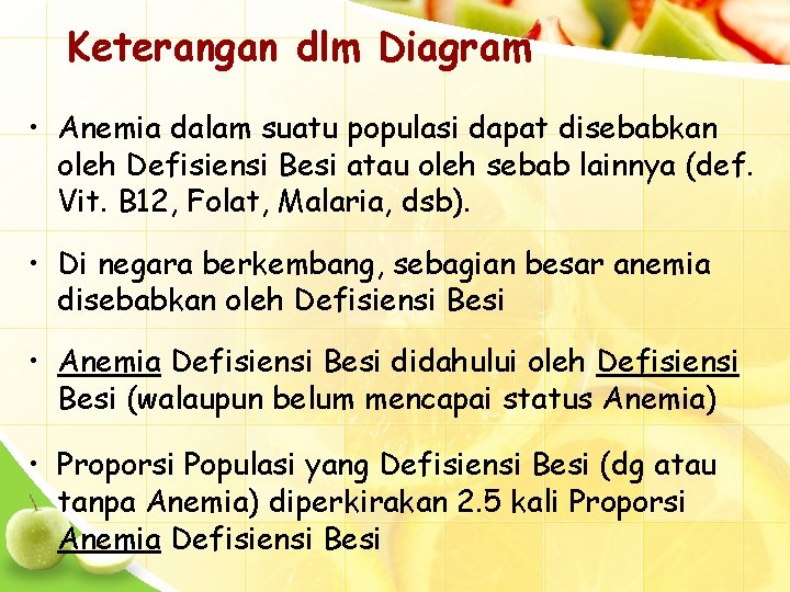 Keterangan dlm Diagram • Anemia dalam suatu populasi dapat disebabkan oleh Defisiensi Besi atau