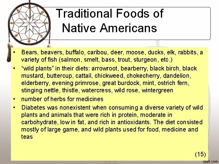 Traditional Foods of Native Americans • Bears, beavers, buffalo, caribou, deer, moose, ducks, elk,