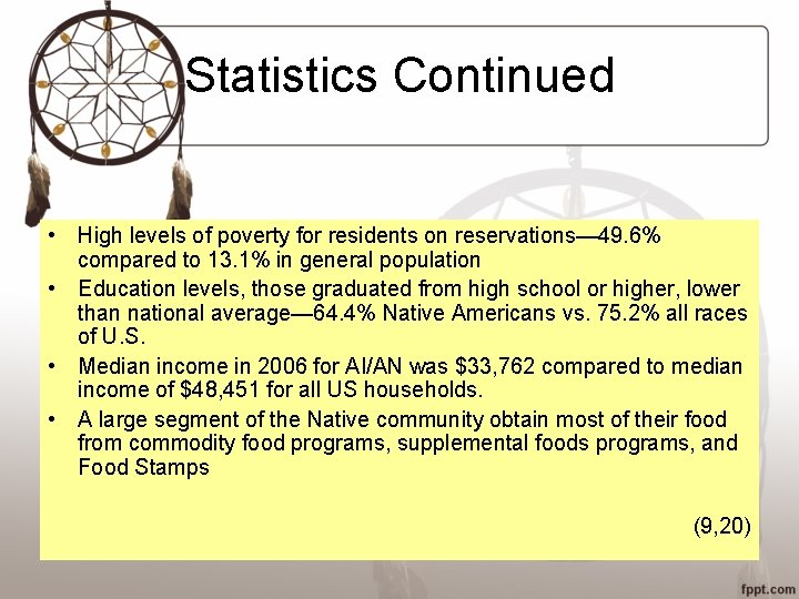 Statistics Continued • High levels of poverty for residents on reservations— 49. 6% compared