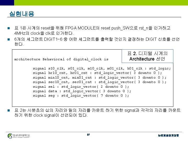 실험내용 n n 표 1은 시계의 reset을 위해 FPGA MODULE의 reset push_SW으로 rst_n을 인가하고