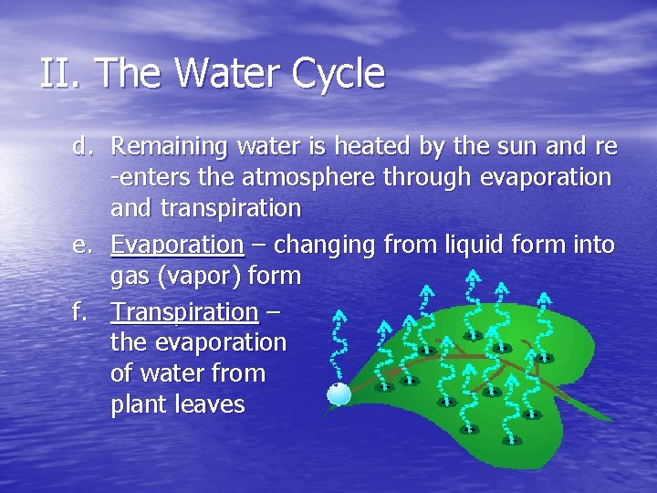 II. The Water Cycle d. Remaining water is heated by the sun and re