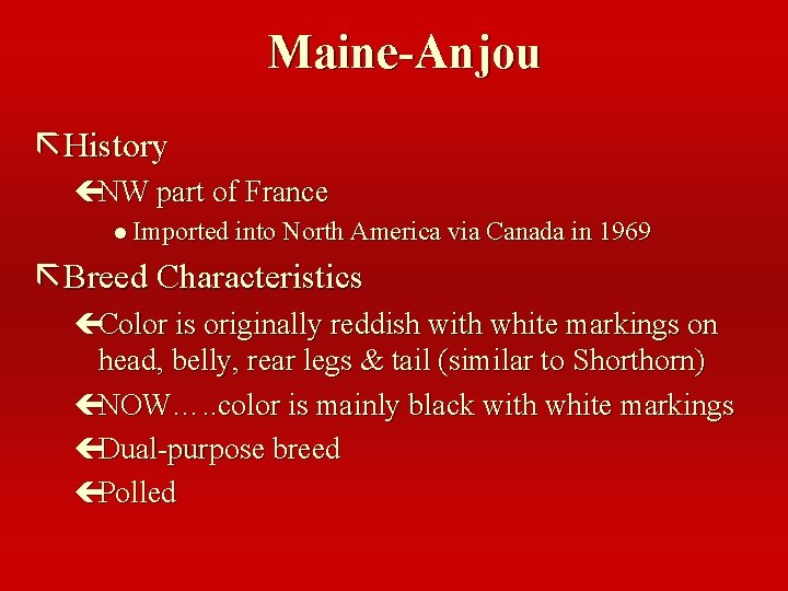 Maine-Anjou ã History çNW part of France l Imported into North America via Canada