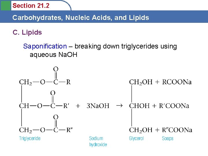 Section 21. 2 Carbohydrates, Nucleic Acids, and Lipids C. Lipids Saponification – breaking down