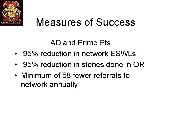 Measures of Success AD and Prime Pts • 95% reduction in network ESWLs •