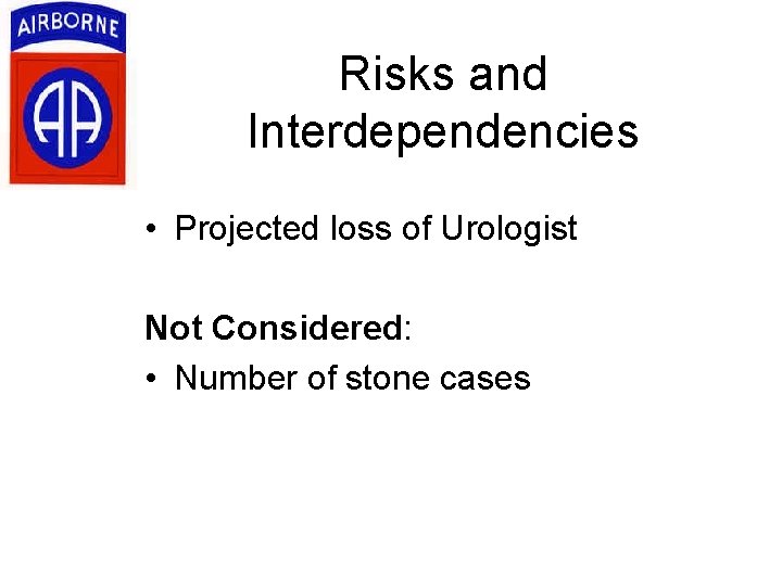 Risks and Interdependencies • Projected loss of Urologist Not Considered: • Number of stone