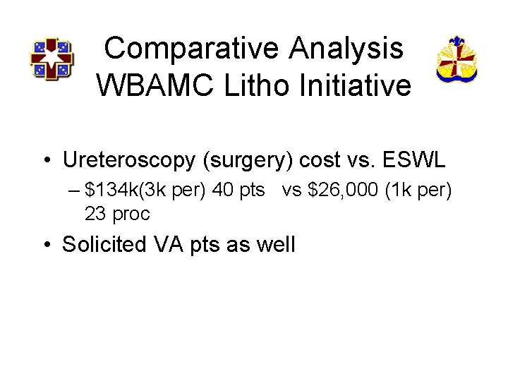 Comparative Analysis WBAMC Litho Initiative • Ureteroscopy (surgery) cost vs. ESWL – $134 k(3