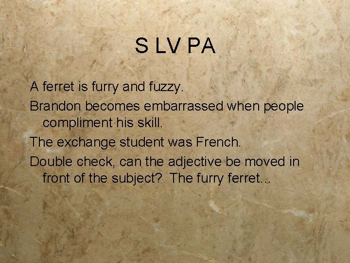 S LV PA A ferret is furry and fuzzy. Brandon becomes embarrassed when people