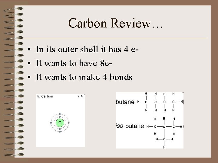 Carbon Review… • In its outer shell it has 4 e • It wants