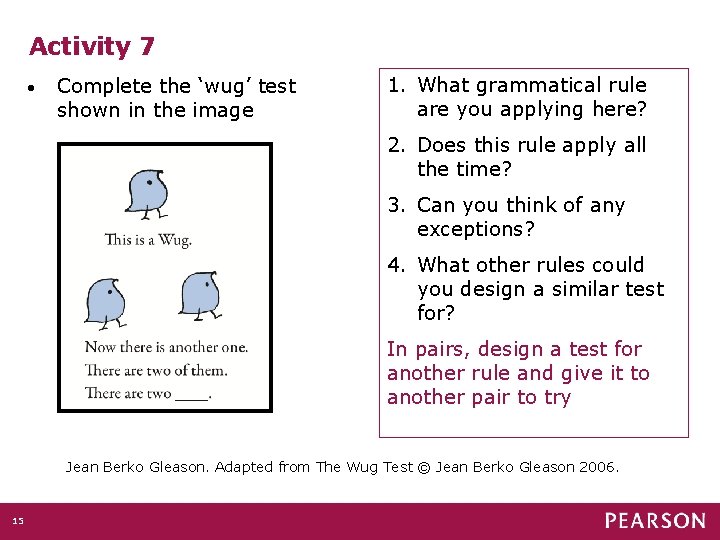 Activity 7 • Complete the ‘wug’ test shown in the image 1. What grammatical