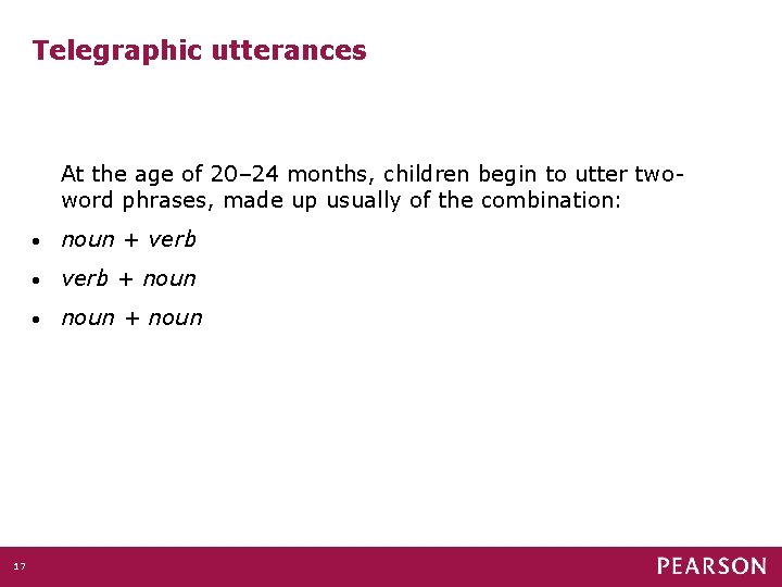 Telegraphic utterances At the age of 20– 24 months, children begin to utter twoword