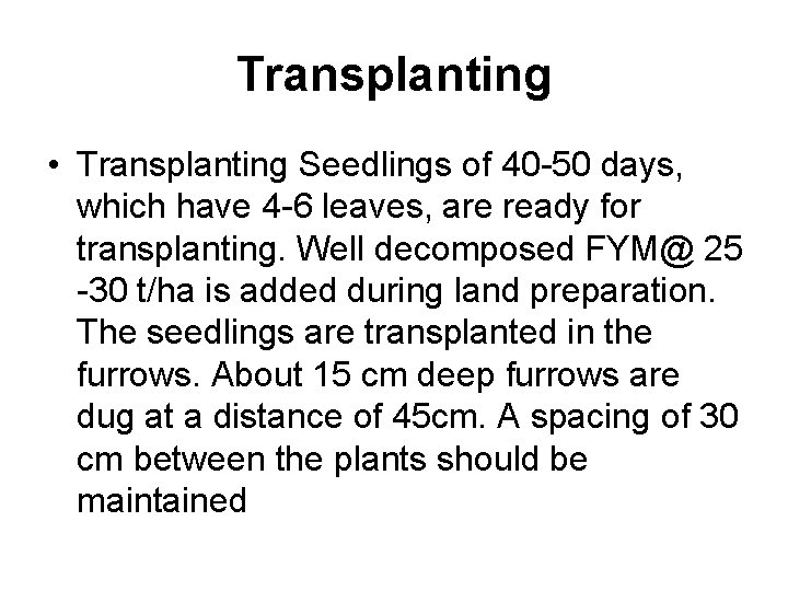 Transplanting • Transplanting Seedlings of 40 -50 days, which have 4 -6 leaves, are