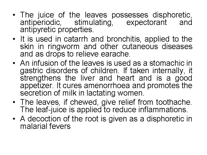  • The juice of the leaves possesses disphoretic, antiperiodic, stimulating, expectorant and antipyretic