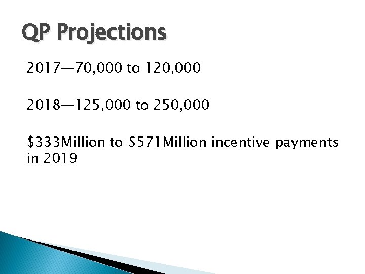 QP Projections 2017— 70, 000 to 120, 000 2018— 125, 000 to 250, 000