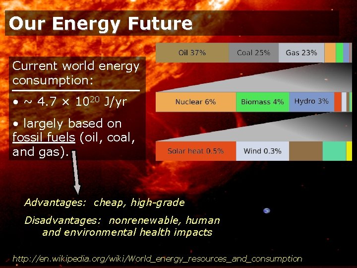 Our Energy Future Current world energy consumption: • ~ 4. 7 × 1020 J/yr