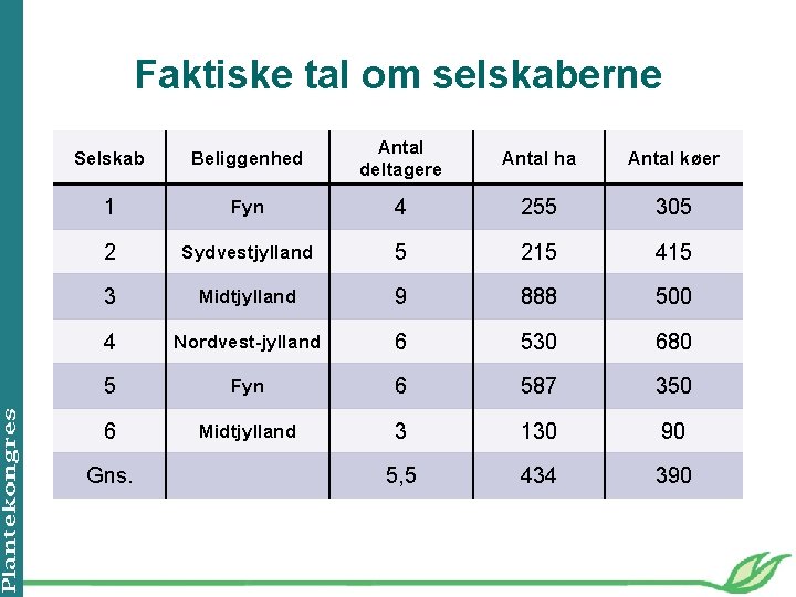 Faktiske tal om selskaberne Selskab Beliggenhed Antal deltagere Antal ha Antal køer 1 Fyn