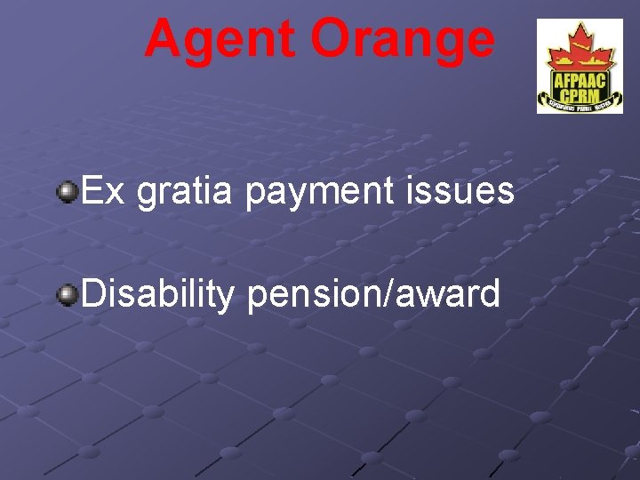 Agent Orange Ex gratia payment issues Disability pension/award 