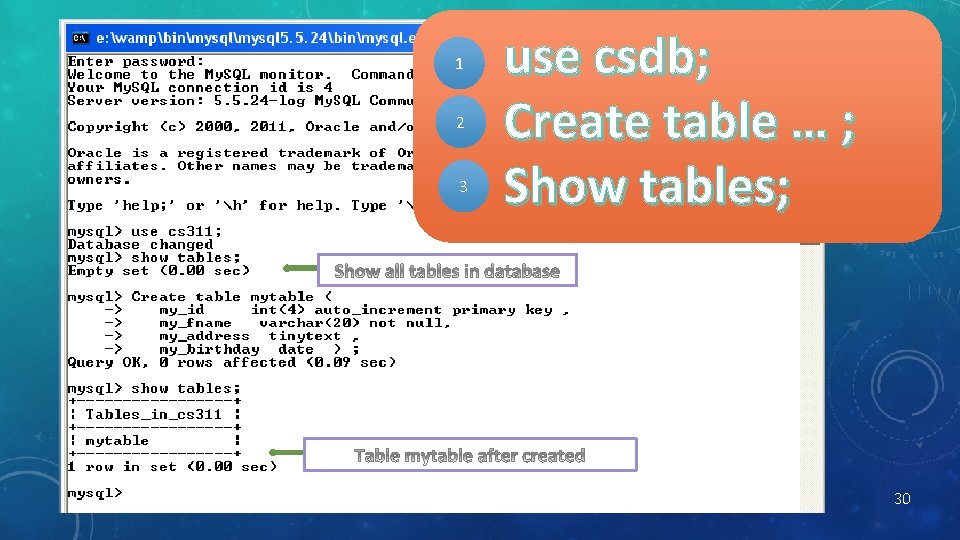 1 2 3 use csdb; Create table … ; Show tables; 30 