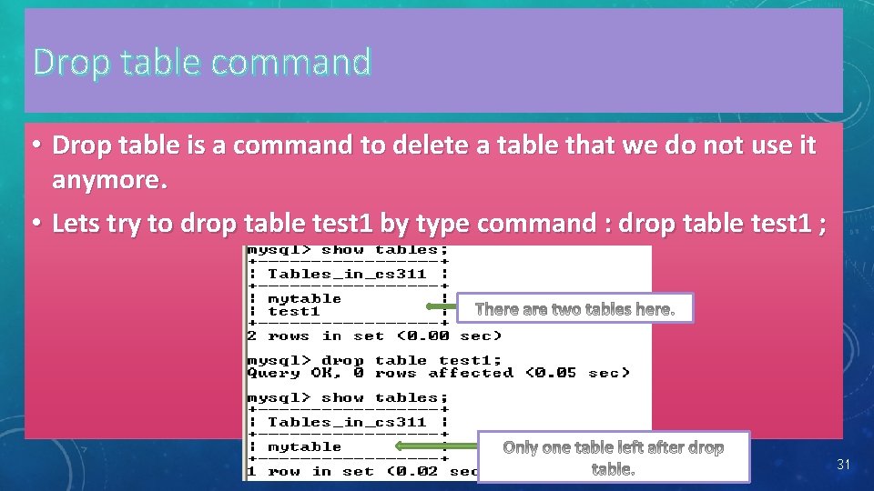 Drop table command • Drop table is a command to delete a table that