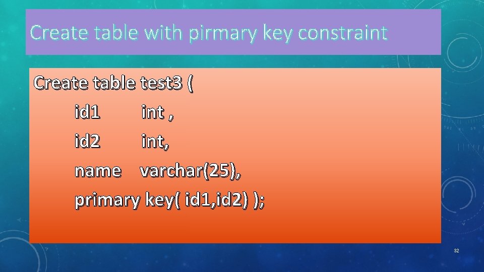 Create table with pirmary key constraint Create table test 3 ( id 1 int