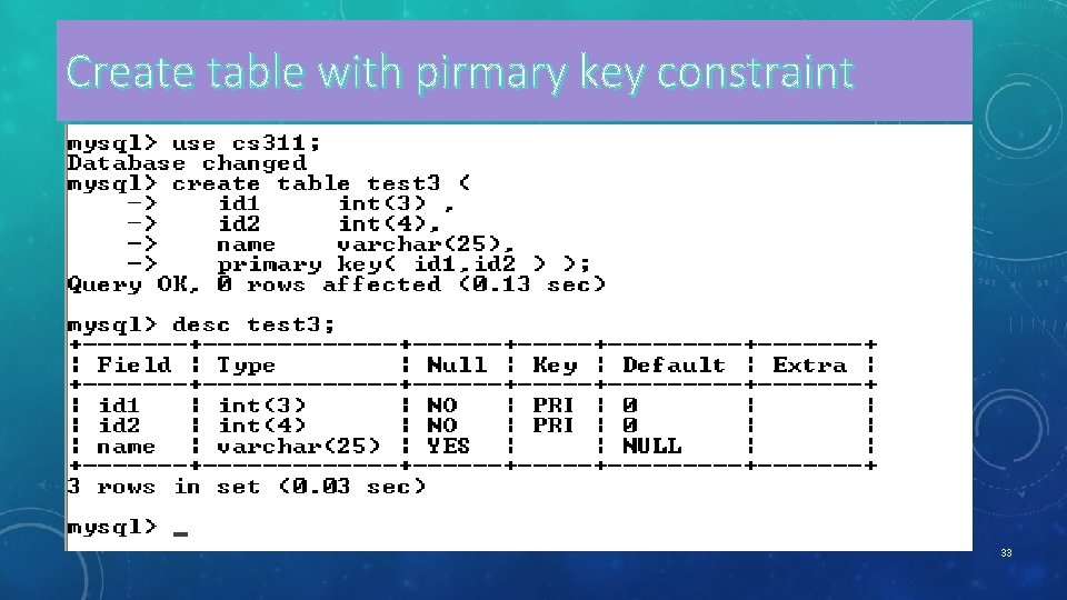 Create table with pirmary key constraint 33 