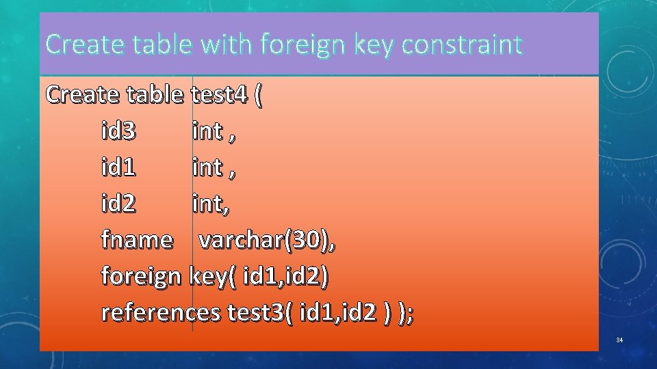 Create table with foreign key constraint Create table test 4 ( id 3 int