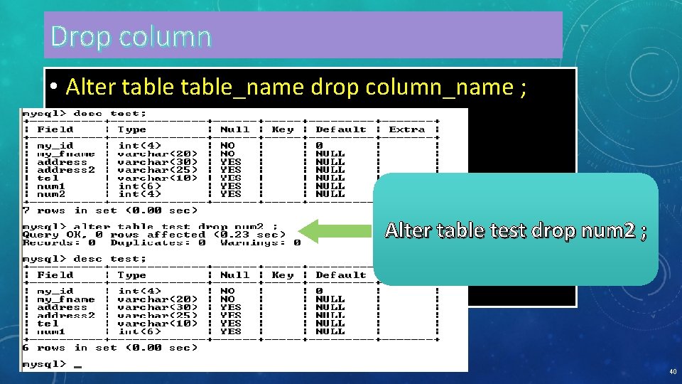 Drop column • Alter table_name drop column_name ; Alter table test drop num 2