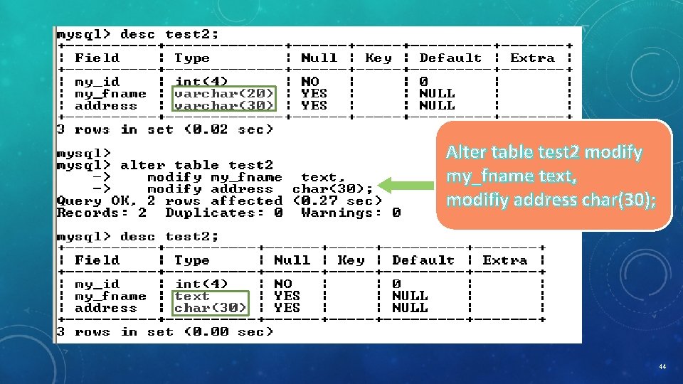 Alter table test 2 modify my_fname text, modifiy address char(30); 44 