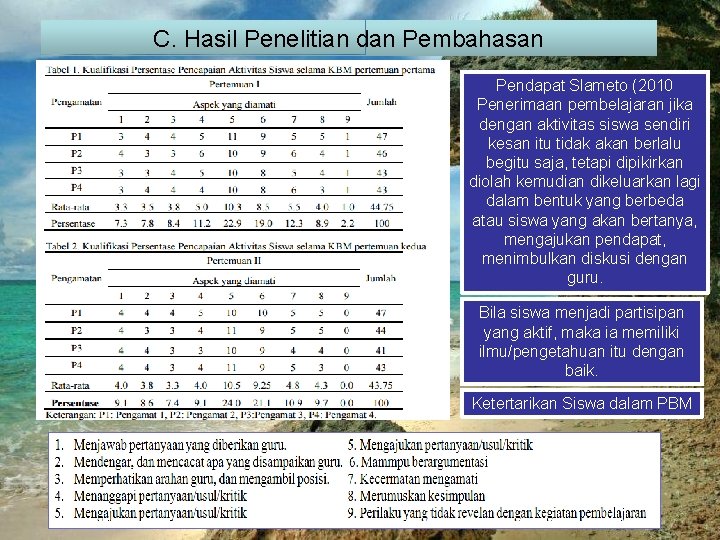 C. Hasil Penelitian dan Pembahasan Pendapat Slameto (2010 Penerimaan pembelajaran jika dengan aktivitas siswa