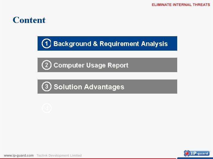 Content 1 Background 背景及需求分析 & Requirement Analysis 2 Computer Usage Report 3 4 Solution