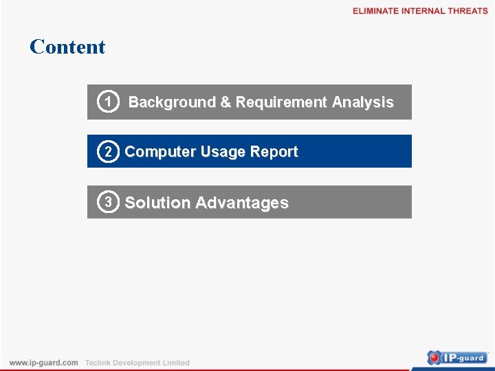 Content 1 Background & Requirement Analysis 背景及需求分析 2 Computer Usage Report 3 Solution Advantages