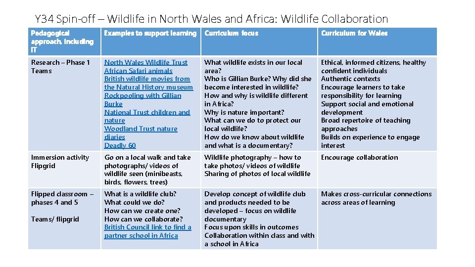 Y 34 Spin-off – Wildlife in North Wales and Africa: Wildlife Collaboration Pedagogical approach,