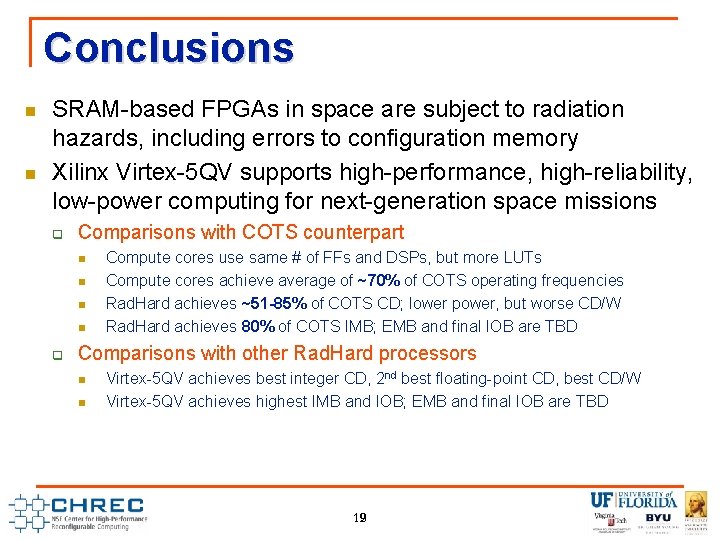 Conclusions n n SRAM-based FPGAs in space are subject to radiation hazards, including errors