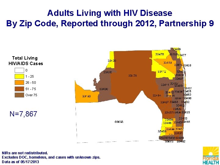Adults Living with HIV Disease By Zip Code, Reported through 2012, Partnership 9 Total