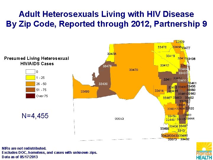 Adult Heterosexuals Living with HIV Disease By Zip Code, Reported through 2012, Partnership 9
