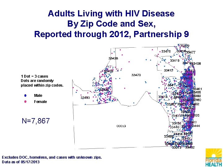 Adults Living with HIV Disease By Zip Code and Sex, Reported through 2012, Partnership