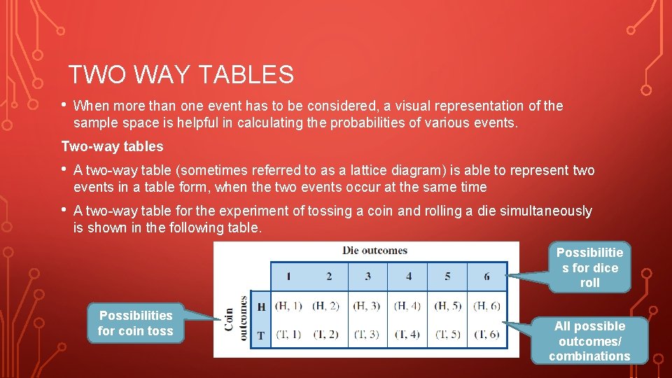 TWO WAY TABLES • When more than one event has to be considered, a TWO WAY TABLES • When more than one event has to be considered, a