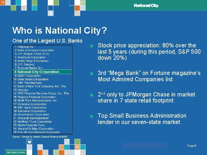 Who is National City? One of the Largest U. S. Banks ■ Stock price