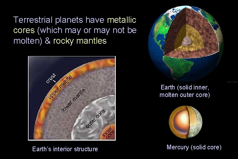 Terrestrial planets have metallic cores (which may or may not be molten) & rocky