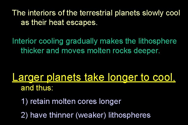 The interiors of the terrestrial planets slowly cool as their heat escapes. Interior cooling