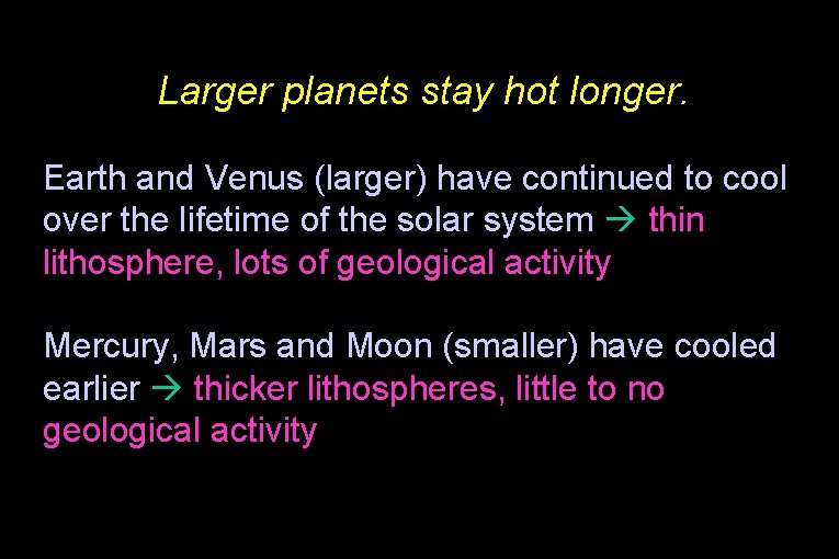 Larger planets stay hot longer. Earth and Venus (larger) have continued to cool over