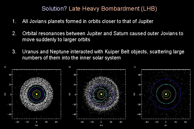 Solution? Late Heavy Bombardment (LHB) 1. All Jovians planets formed in orbits closer to