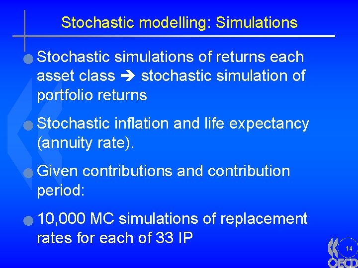 Stochastic modelling: Simulations n n Stochastic simulations of returns each asset class stochastic simulation
