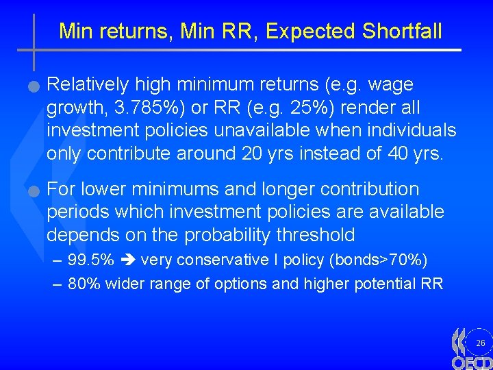 Min returns, Min RR, Expected Shortfall n n Relatively high minimum returns (e. g.