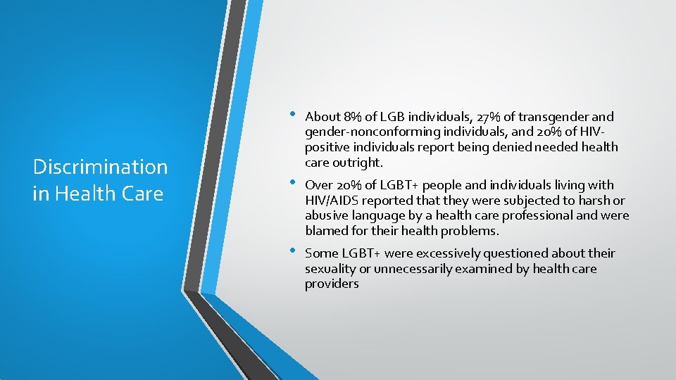 Discrimination in Health Care • About 8% of LGB individuals, 27% of transgender and