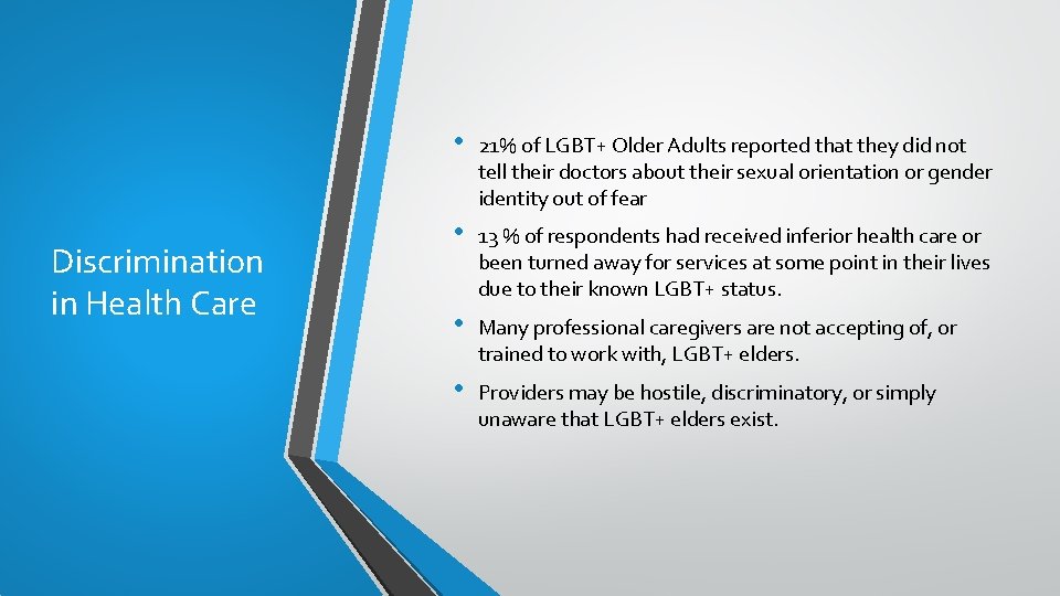 Discrimination in Health Care • 21% of LGBT+ Older Adults reported that they did
