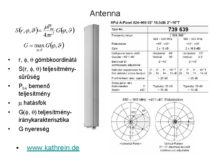 Antenna • r, f, q gömbkoordináták • S(r, f, q) teljesítménysűrűség • Pbe bemenő