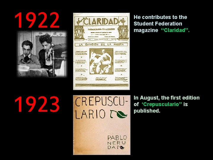 1922 He contributes to the Student Federation magazine ‘‘Claridad’’. 1923 In August, the first